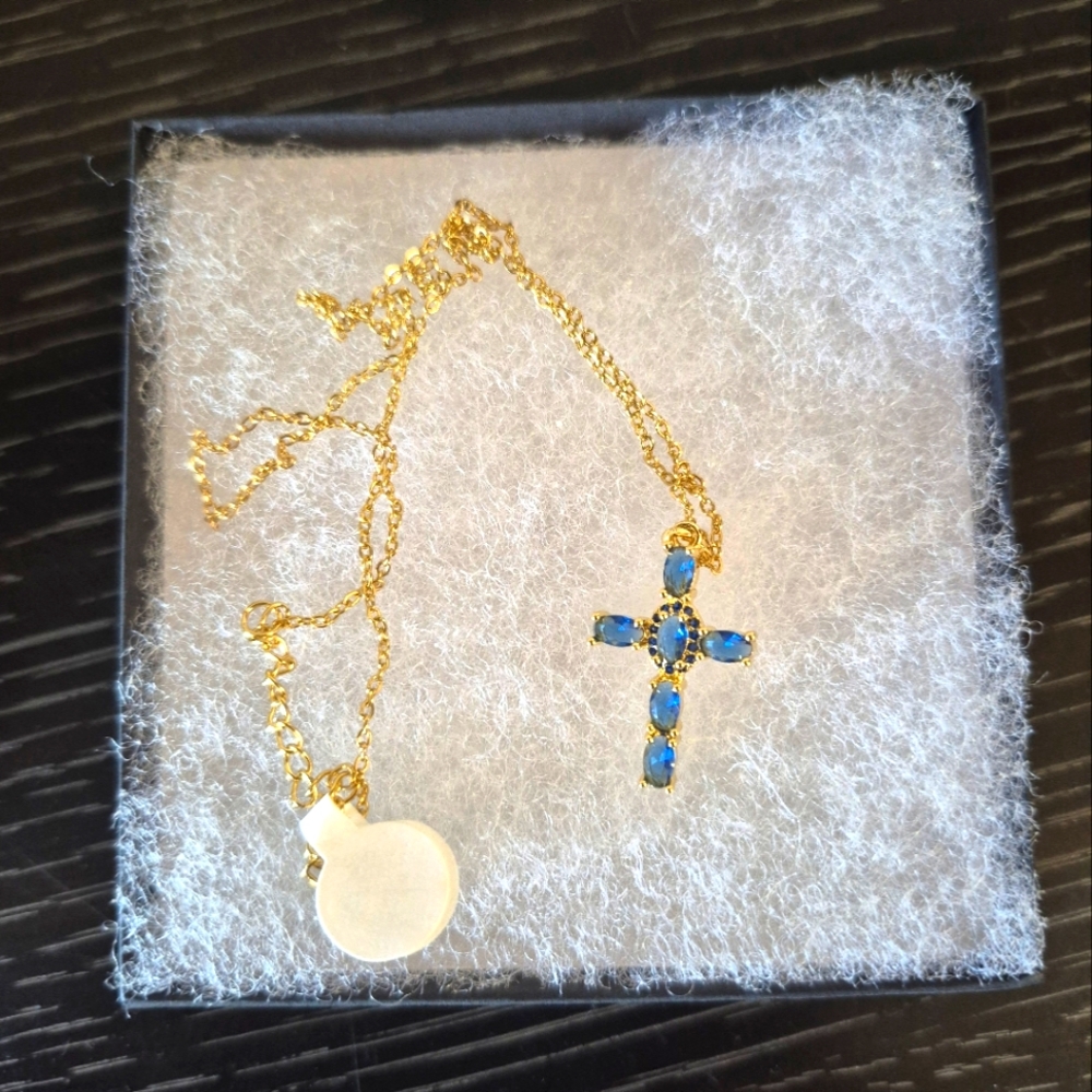 Beautiful Gold and Blue Cross Pendant Necklace